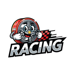 Cartoon wheel character with a steering wheel checkered flag and RACING text