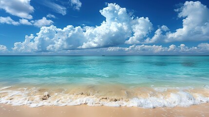 Obraz premium Coastal Bliss: Stunning Beach Scenery with Blue Sky and White Clouds – Golden Sand Stretching to Turquoise Waves, Palm Trees Swaying in the Breeze, Seagulls Gliding Overhead