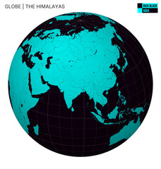 Vector Globe centered to The Himalayas. Rich Black Aqua palette. World map with meridians, parallels, countries, rivers and lakes. Appealing vector illustration.