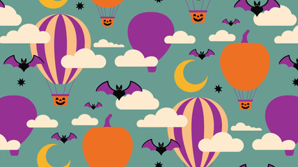 Halloween themed pattern with balloons bats clouds moons and stars on a teal background