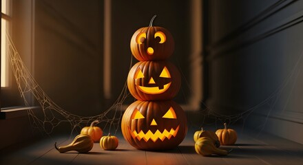 Stacked carved halloween pumpkin jack o lantern with glowing eyes and mouth, spooky decoration for the fall season