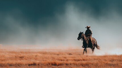 Cowboy riding horse through dusty landscape at sunset with dramatic sky in the background