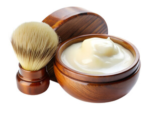 Shaving cream in a wooden bowl with a brush isolated on transparent background