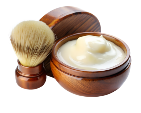 Shaving cream in a wooden bowl with a brush isolated on transparent background