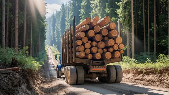 Logging Truck Forest Road Logs Timber Transport Nature Woods Sunrise Landscape Industry Work