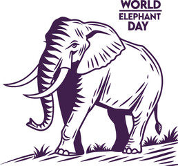 Stylized Monochrome Elephant Illustration with World Elephant Day Text on White Background