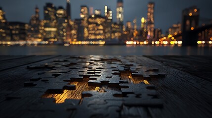 Puzzle pieces lay on wood with NYC skyline in background. Symbolizes complexity, city life, challenges. Use for design, web, editorial.