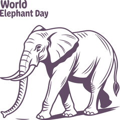 Monochrome Stylized Elephant Illustration with World Elephant Day Text Overlay