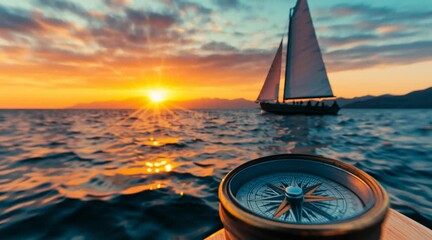 Navigating Golden Horizons: A sailboat cuts through tranquil waters at sunset, its silhouette framed by the warm glow of the setting sun, with a compass adding a touch of adventure. - Powered by Adobe