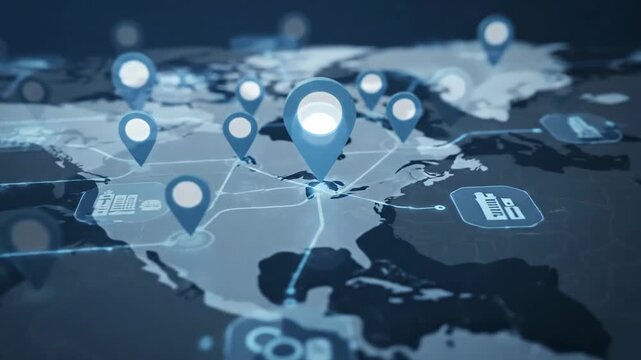 Global Network Connectivity Illustrated with Digital Map - An animated digital map features interconnected location pins, symbolizing the seamless global network connectivity.