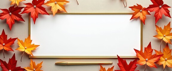 Autumnal frame of colorful maple leaves in red, orange, and yellow, surrounding a blank white rectangular space with a subtle glittery background and a pen below