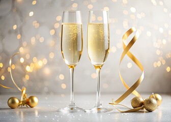 Two glasses of champagne with golden ribbon and bokeh lights, perfect for celebrating new year, christmas, or any special festive occasion