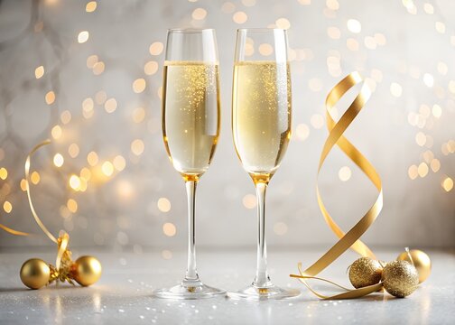Two glasses of champagne with golden ribbon and bokeh lights, perfect for celebrating new year, christmas, or any special festive occasion
