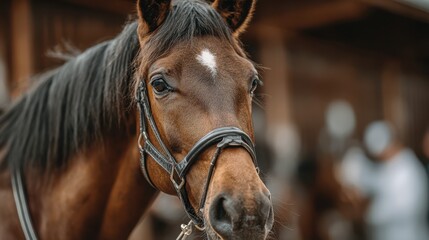 Fototapeta premium Majestic brown horse with a gentle expression stands in a rustic barn during a sunny afternoon in the countryside