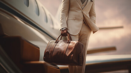 Businessman boarding private jet with leather bag