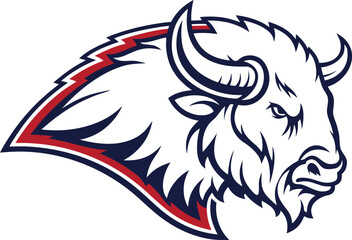 Aggressive buffalo mascot head logo in red white and blue