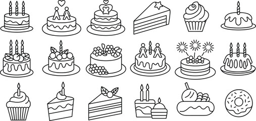 Cake and dessert icon set, line art sweet bakery collection, birthday cake slices, cupcake, donut, vector pastry illustrations