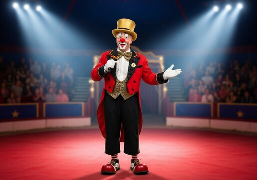 Clown in red tailcoat gold hat and bow tie stands on a red circus stage with a microphone gesturing towards the blurry