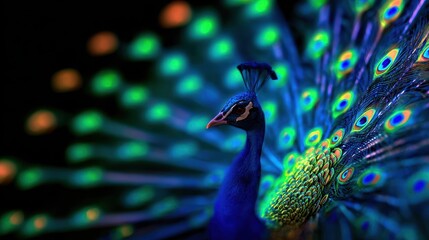 Vibrant peacock displaying its colorful feathers in a dark setting, showcasing nature's beauty and elegance