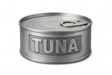 Aluminum tuna can displaying fresh seafood, preserved and prepared for cooking process