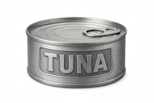 Aluminum tuna can displaying fresh seafood, preserved and prepared for cooking process