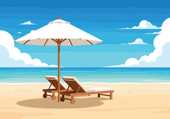Fototapeta premium Tropical Beach Scene with Umbrella and Lounge Chairs
