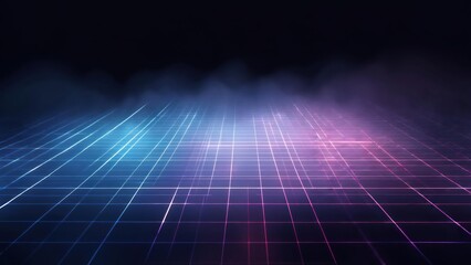 Luminous Blue and Pink Neon Grid Stretching into a Foggy, Dark Horizon
