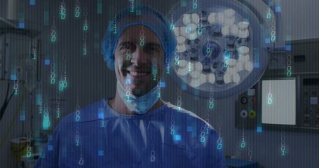 Surgeon standing in surgical theatre starting cascading binary code enhancing data visualization - Powered by Adobe