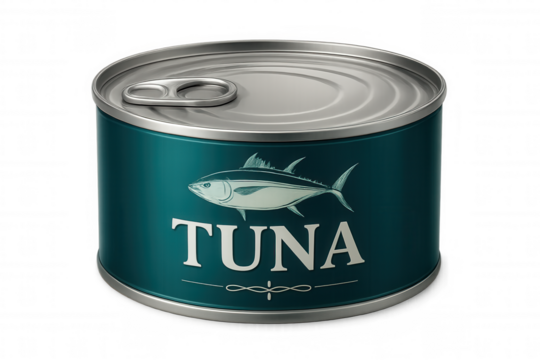 Aluminum tuna can, pull tab revealing graphic and teal label with tuna text, isolated on transparent surface