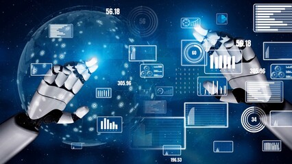 Robot hands engage with an array of glowing data visualizations and graphs, symbolizing advanced technology and innovation in the digital space. Xenic