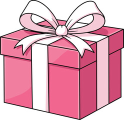 Pink gift box with white ribbon and bow, festive present illustration for celebration, birthday, wedding, or holiday designs