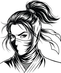 Ninja Warrior Woman Illustration: A monochrome sketch of a fierce female fighter with a ponytail, perfect for gaming, martial arts, and edgy designs.