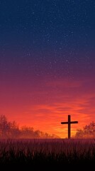 Sunset silhouette of a cross in a peaceful landscape with a starry sky in the background