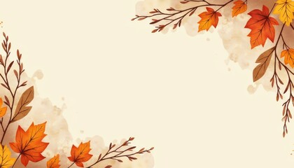 Autumn leaves and branches in warm colors, creating a decorative border on a light beige background with watercolor splashes, perfect for seasonal designs and invitations