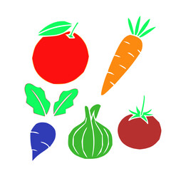 Stylized illustration of six vegetables in bold, simplified forms and vibrant colors. Includes a large red tomato with a green leaf, an orange carrot with green leaves, green leafy vegetables, a blue 