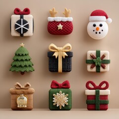 Festive knitted decorations showcasing Christmas gifts, ornaments, and characters on a neutral background