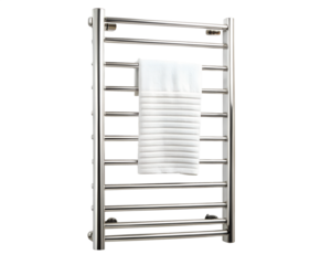 Wall mounted towel warmer rack with white towel, isolated on transparent background