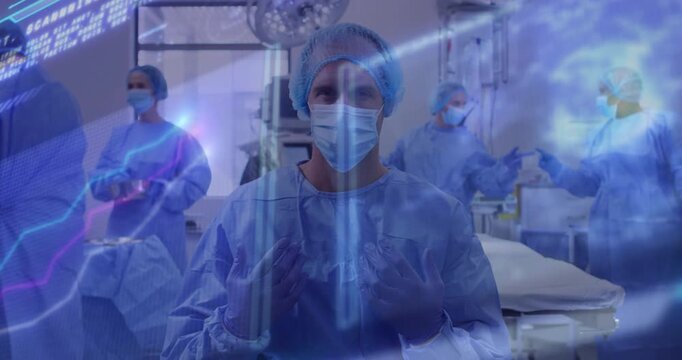 Secondary surgeon picking tray and initiating diagnostic overlay with hologram brain scan over team - Powered by Adobe