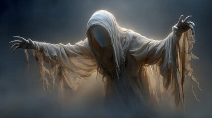 Eerie Ghostly Figure with Tattered Cloth Draped Over Head and Outstretched Arms in Dark Mysterious Atmosphere