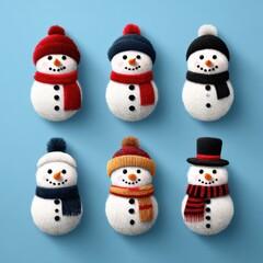 Six cheerful snowmen wearing colorful hats and scarves on a blue background, celebrating winter and holiday festivities with vibrant designs