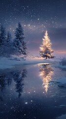 Winter landscape with a glowing Christmas tree and starry sky by a frozen river at dusk