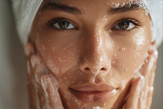 Close-up of a smiling woman washing her face with cleansing foam and fresh water, a detail of her daily self-care and beauty routine