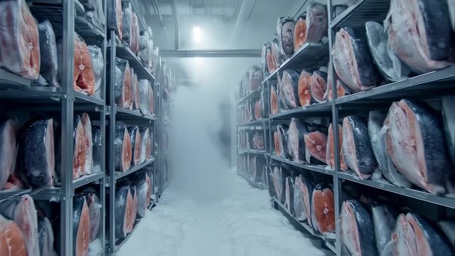 Salmon fillets professionally stored in a commercial freezer for distribution and sale on the market