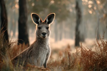 Fototapeta premium Eastern grey kangaroo resting in natural habitat among ferns and trees during golden hour in Australia