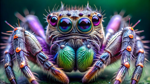 Colorful jumping spider with iridescent eyes and fuzzy legs macro insect