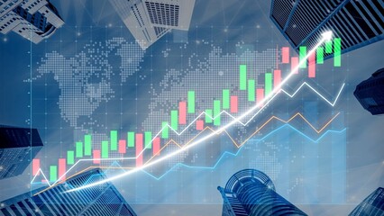 Explore a dynamic financial growth concept illustrating colorful stock charts against a backdrop of modern skyscrapers under a clear sky, symbolizing market trends. Copula