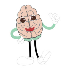 Cute brain mascot character, Happy cartoon brain illustration. Waving hand, fun mascot illustration, educational symbol, cute organ, smart idea, mental health concept