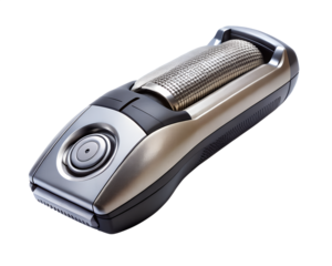 Modern electric shaver with rotary head and chrome accents, isolated on transparent background