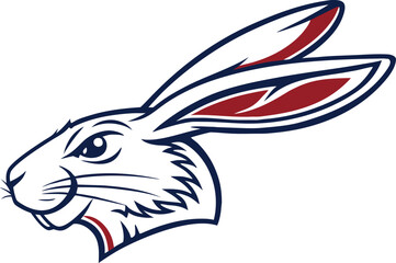 Aggressive rabbit mascot head with blue and red accents