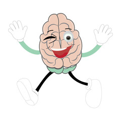 Cute brain mascot character, Happy cartoon brain illustration. Waving hand, fun mascot illustration, educational symbol, cute organ, smart idea, mental health concept